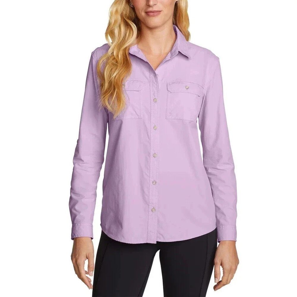Eddie Bauer Women Size XL Stretch Purple Button UPF50+ Tech Shirt NWT